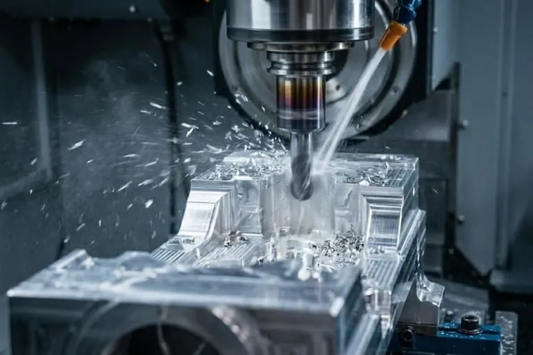 CNC milling machine machining a metal workpiece with coolant